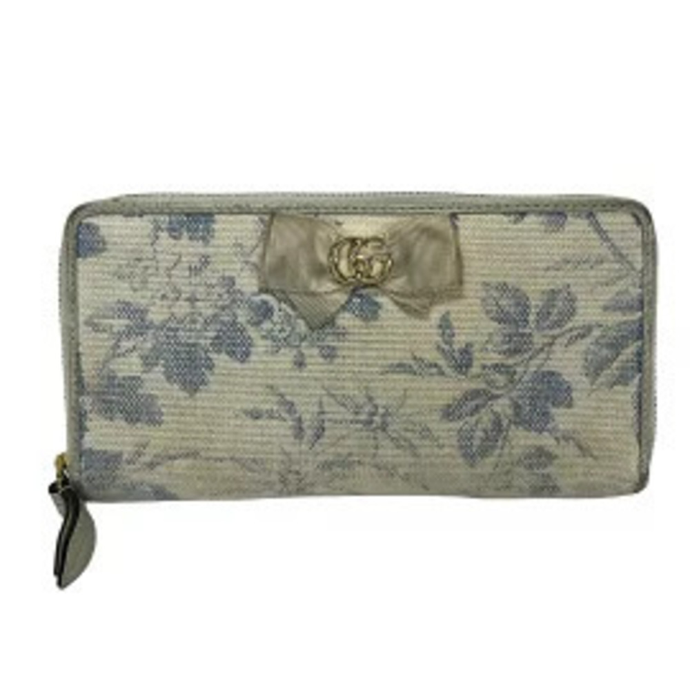 Gucci GG Ribbon Long Wallet Floral Round Zipper Ivory White x Blue Leather